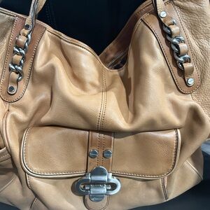 B. Makowsky Tan Leather Shoulder Bag with Silver Accents
